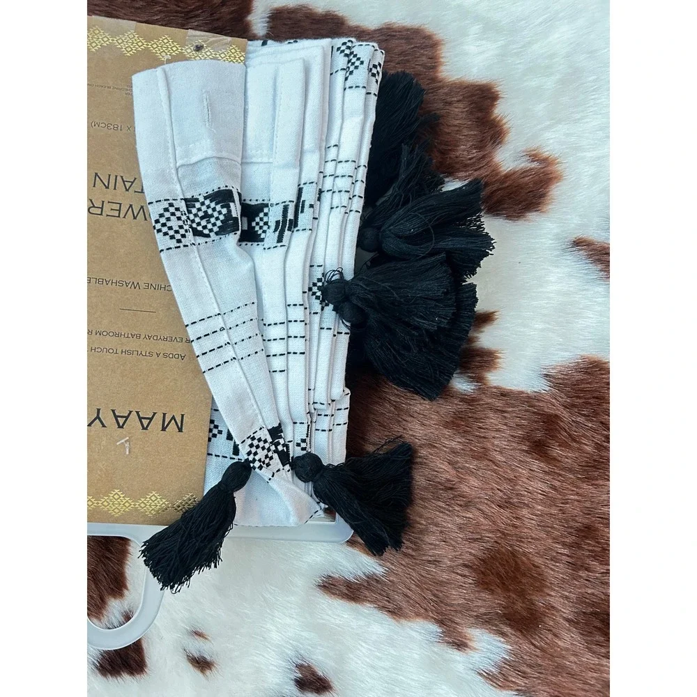 Maaya Boho‎ Embroidered Tassel Shower Curtain White Black Geometric